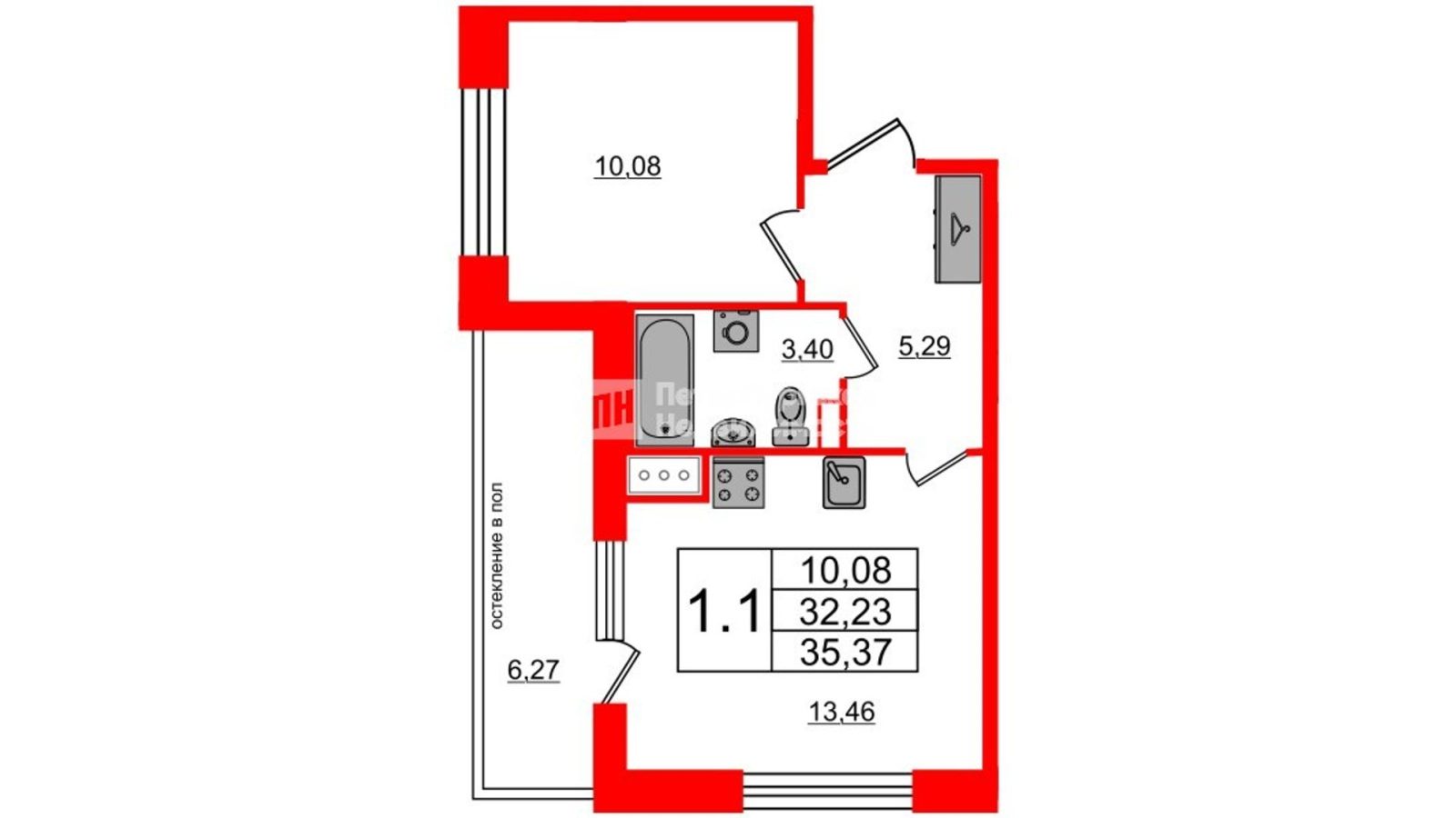 Планировка: 1-комнатная квартира, 32,2 м²
