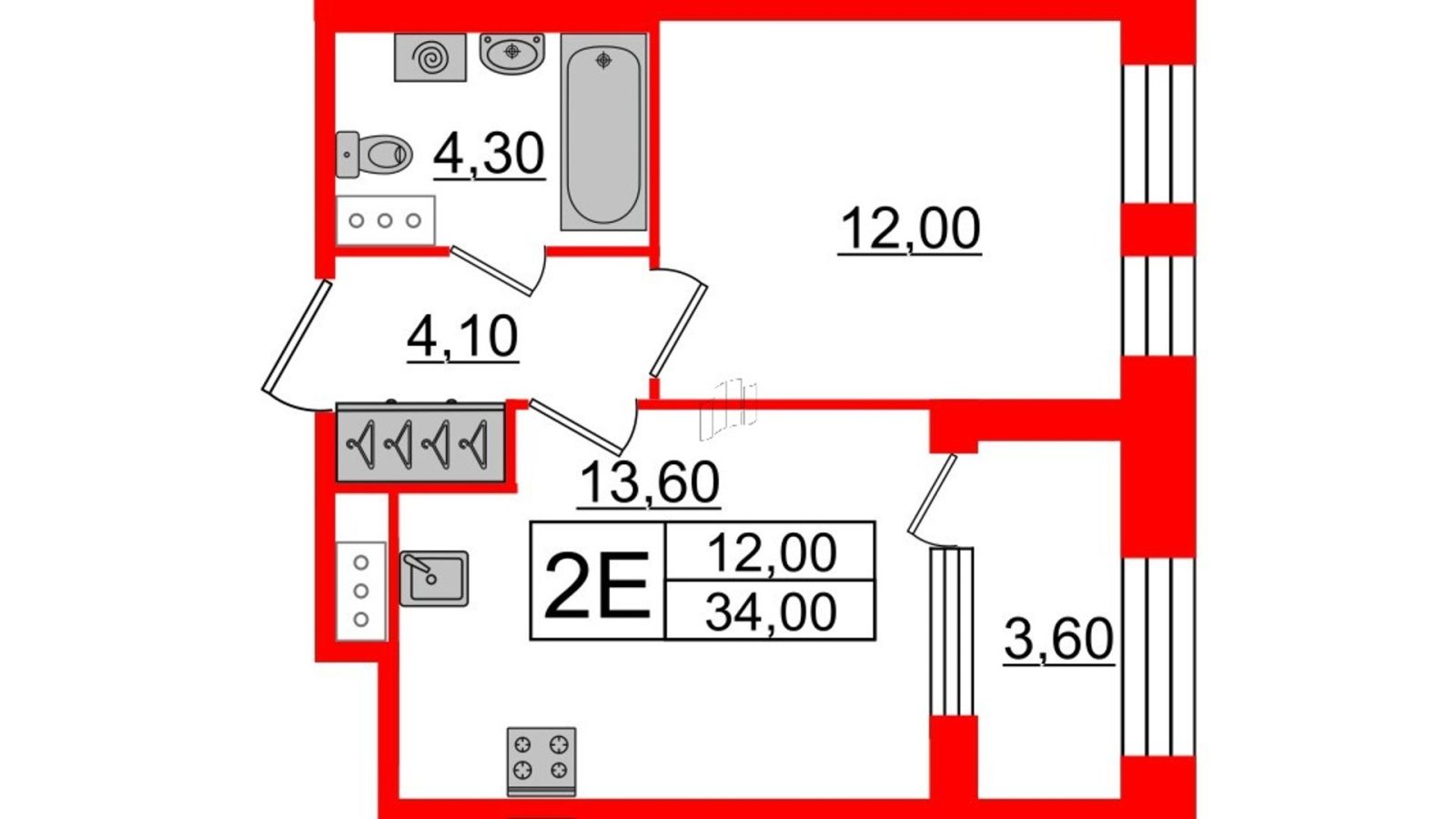 Планировка: 1-комнатная квартира, 34,0 м²