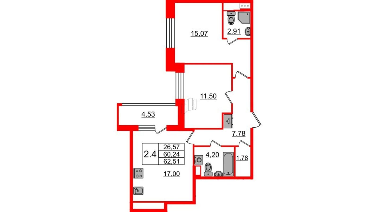 Планировка: 2-комнатная квартира, 60,2 м²