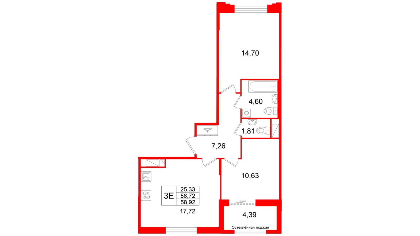 Планировка: 2-комнатная квартира, 56,7 м²