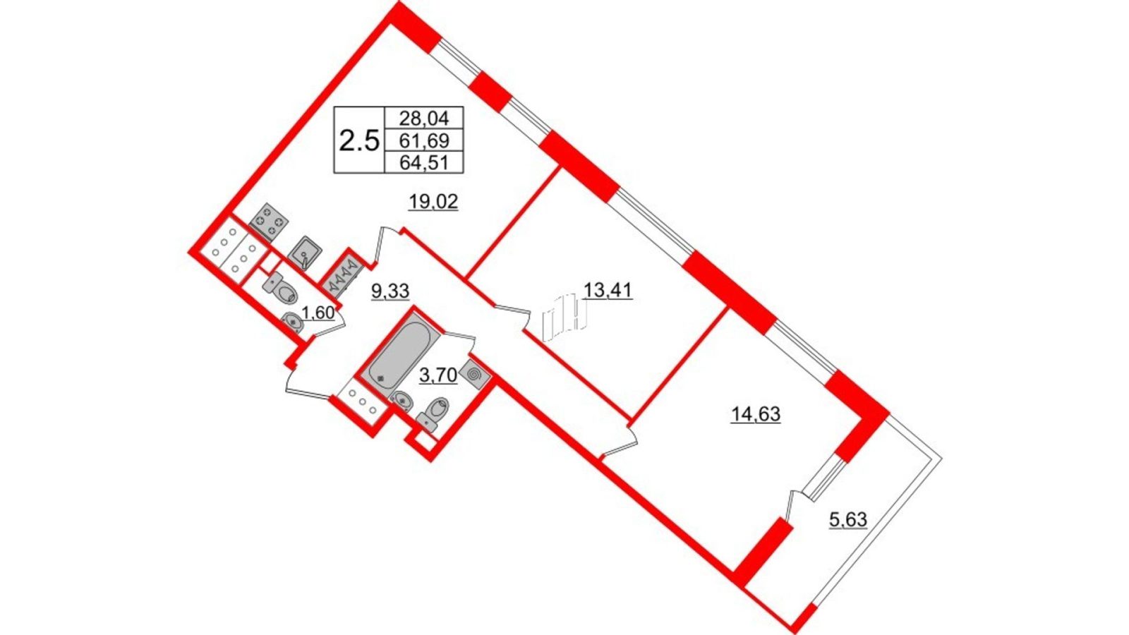 Планировка: 2-комнатная квартира, 62,4 м²