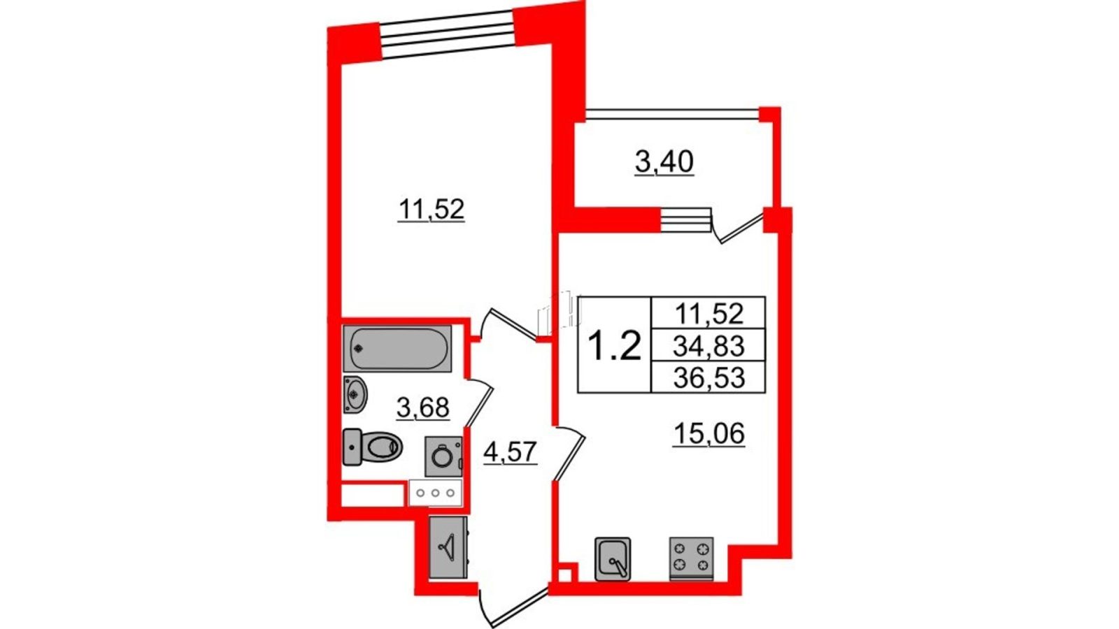 Планировка: 1-комнатная квартира, 34,8 м²