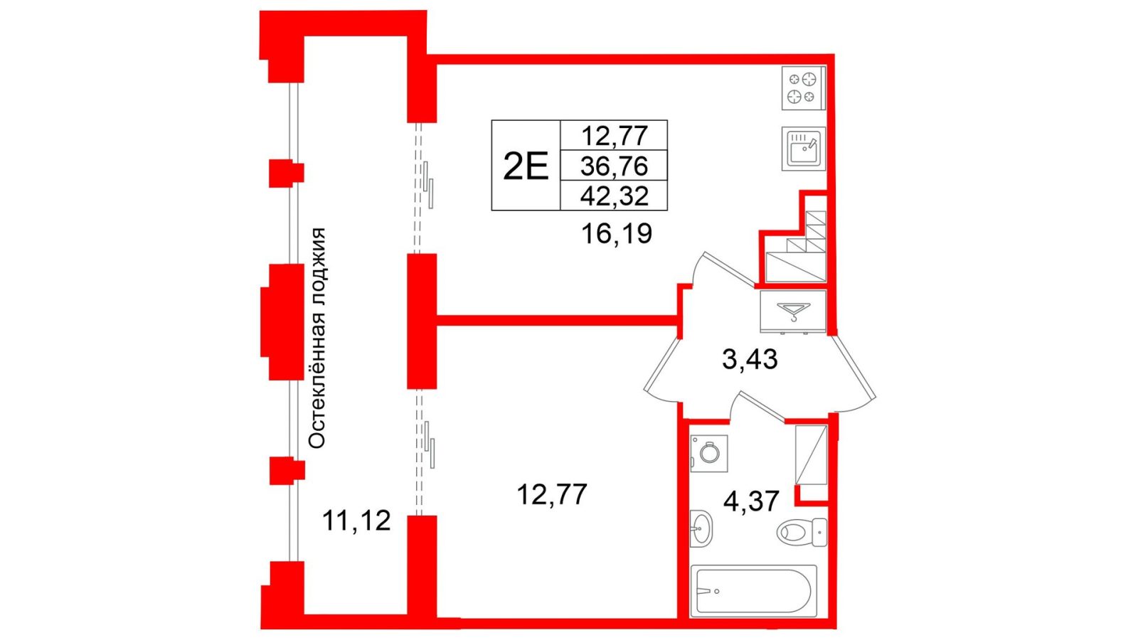 Планировка: 1-комнатная квартира, 36,8 м²