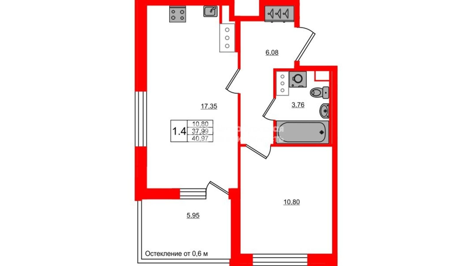 Планировка: 1-комнатная квартира, 38,0 м²