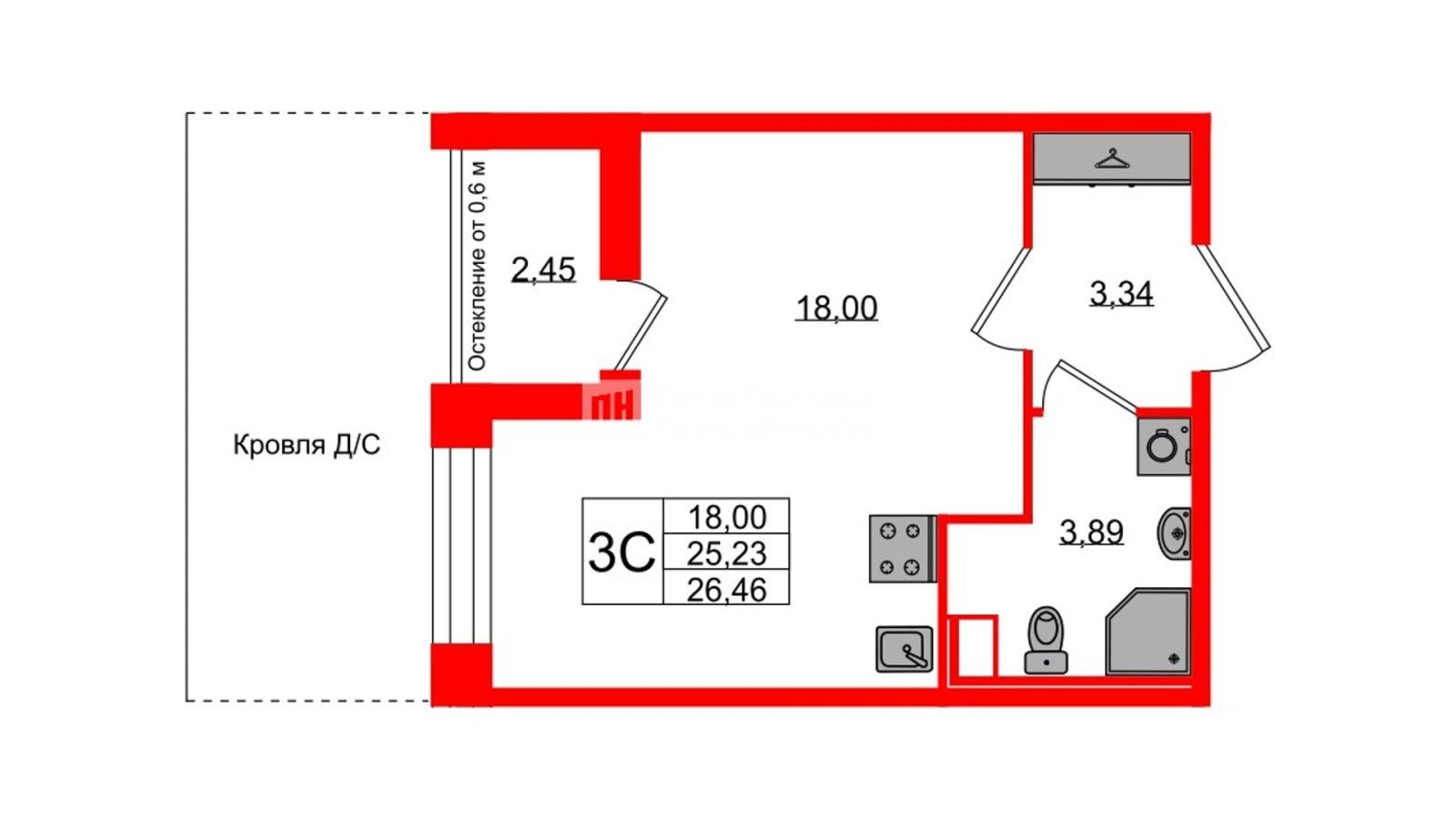 Планировка: студия, 25,2 м²