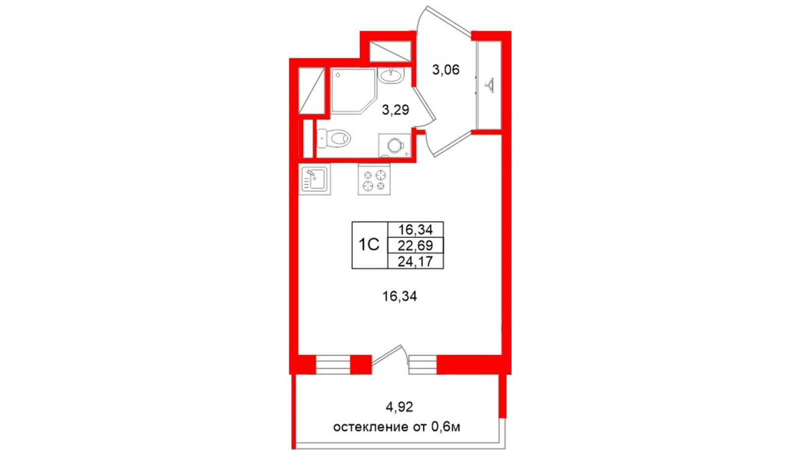 Планировка: студия, 22,7 м²