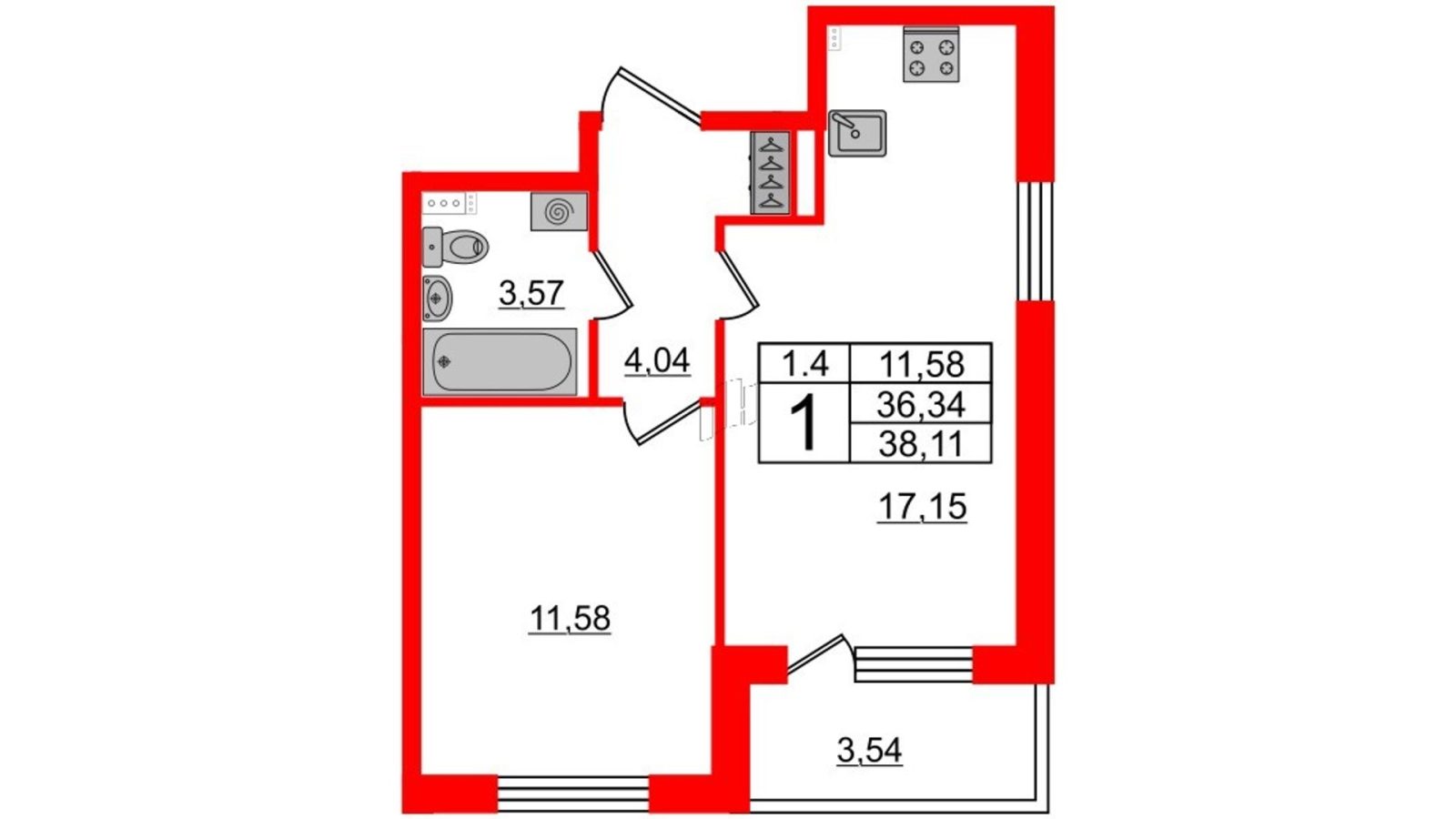 Планировка: 1-комнатная квартира, 36,3 м²