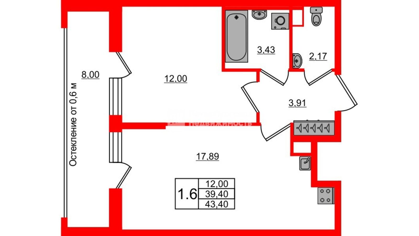 Планировка: 1-комнатная квартира, 39,4 м²