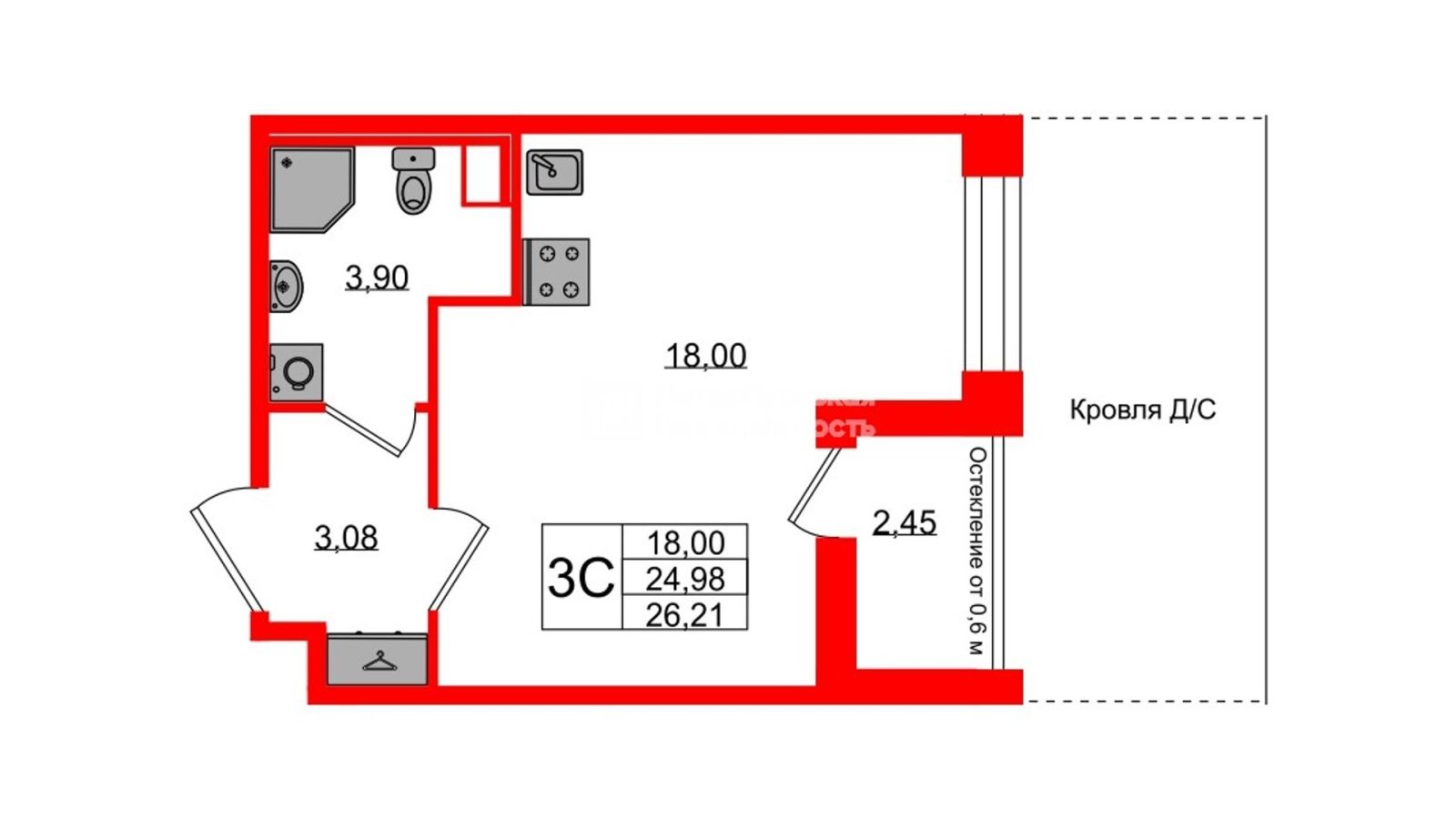 Планировка: студия, 25,0 м²