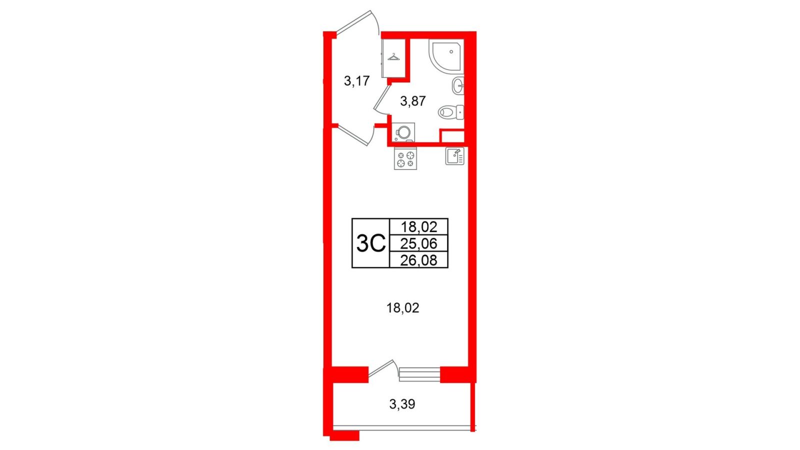 Планировка: студия, 25,1 м²