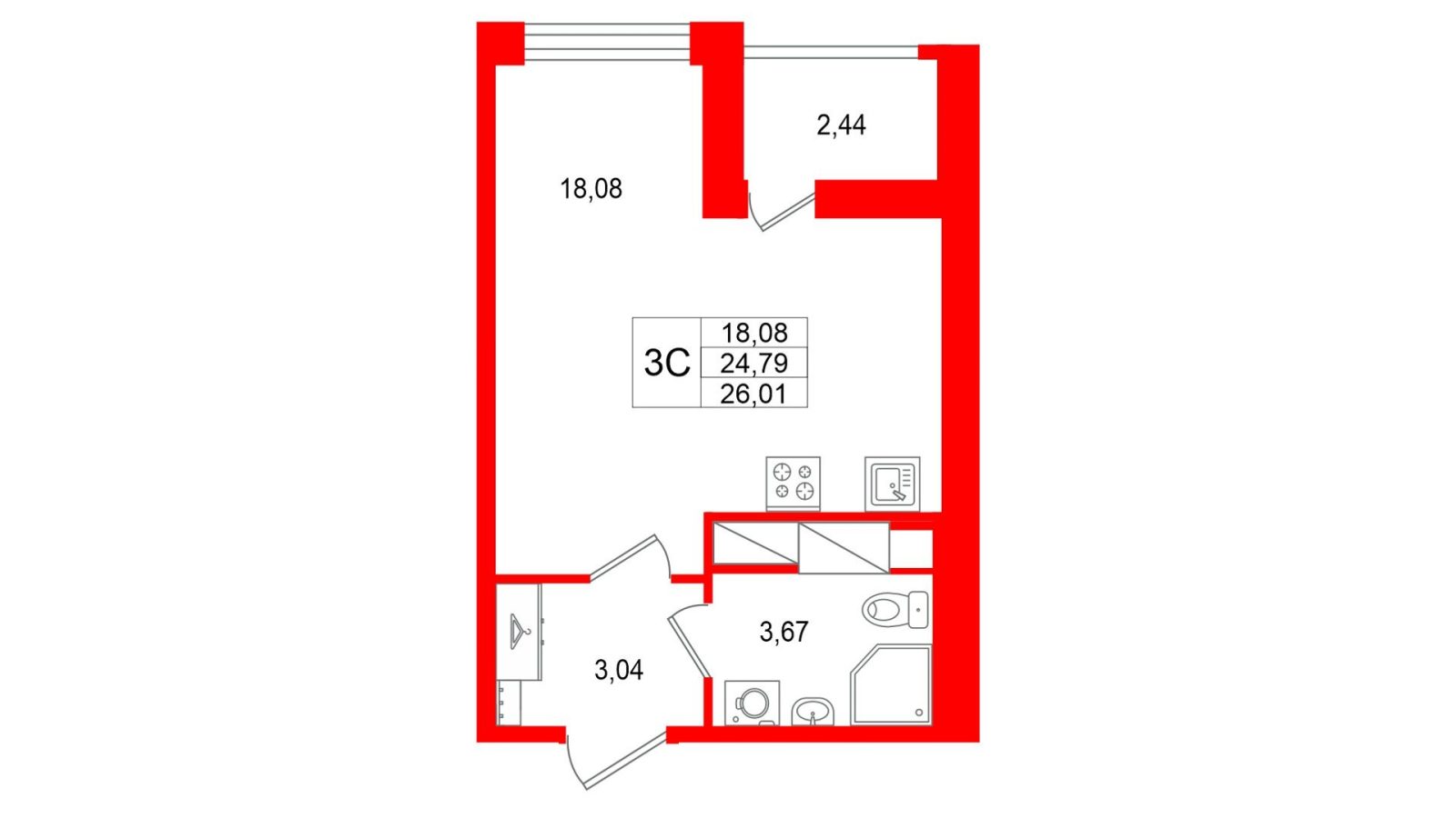 Планировка: студия, 24,8 м²