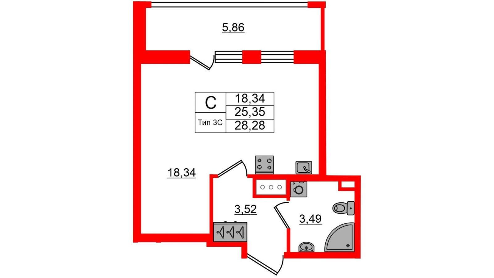 Планировка: студия, 25,4 м²