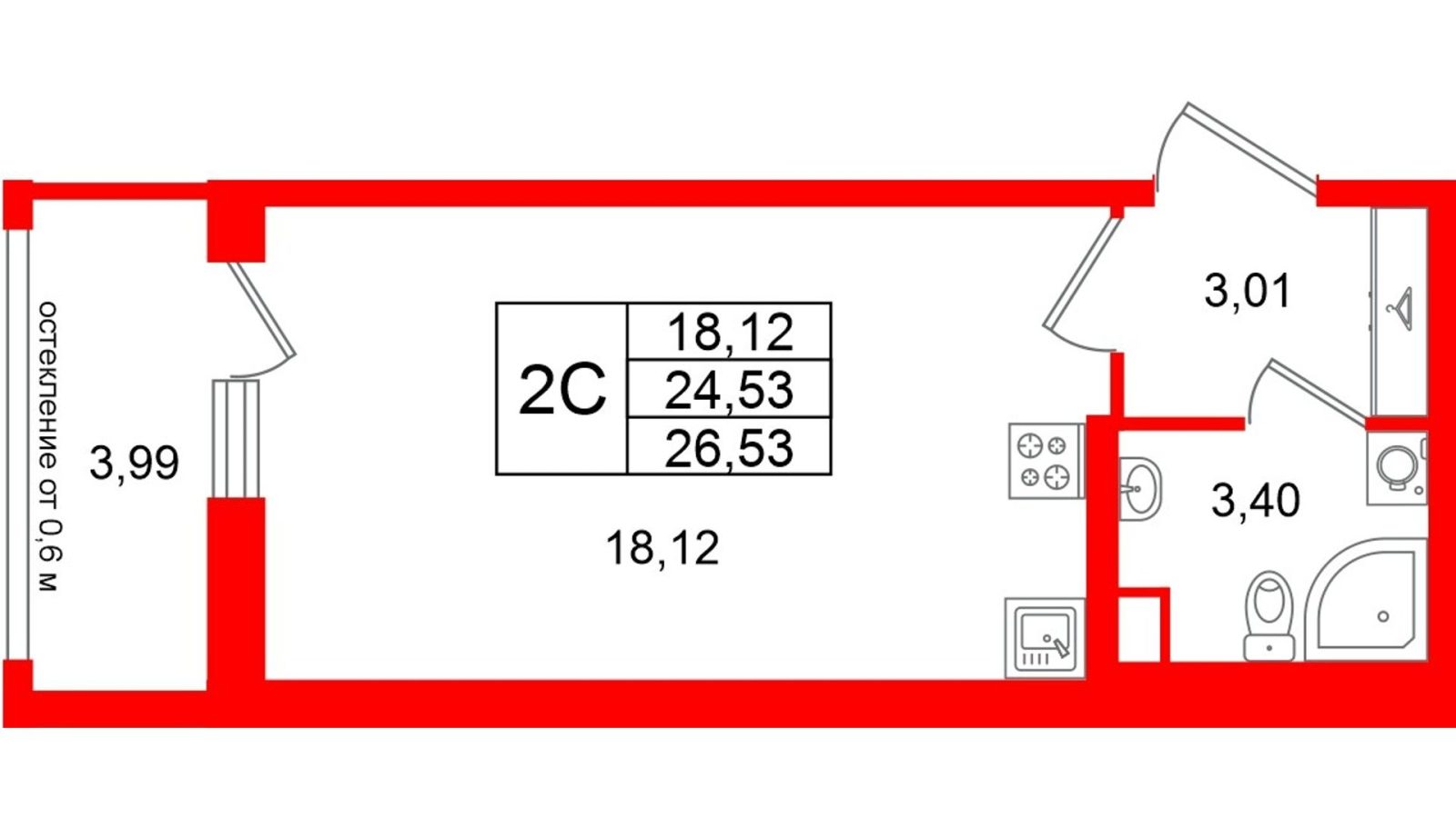 Планировка: студия, 24,5 м²