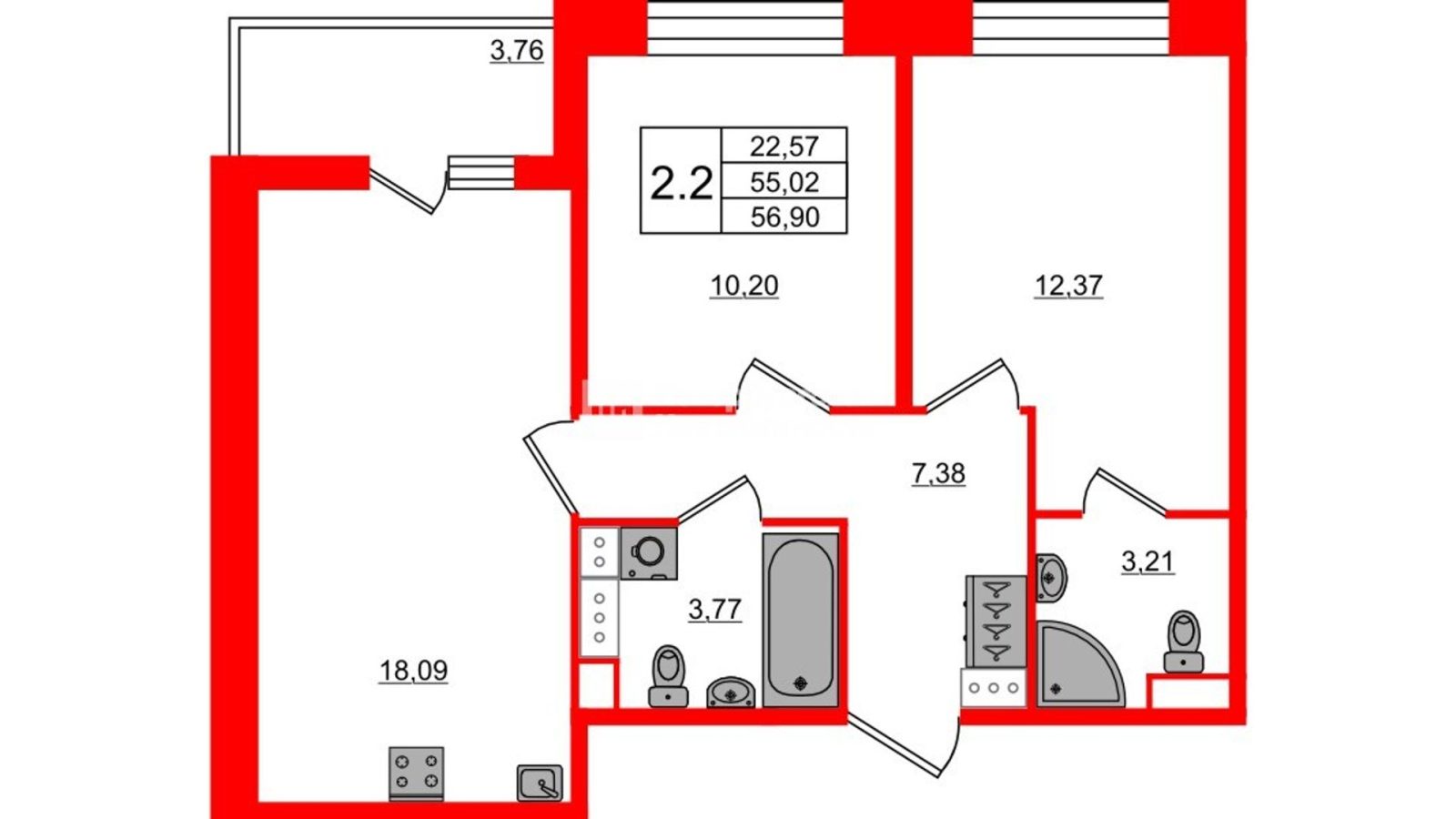 Планировка: 2-комнатная квартира, 55,0 м²