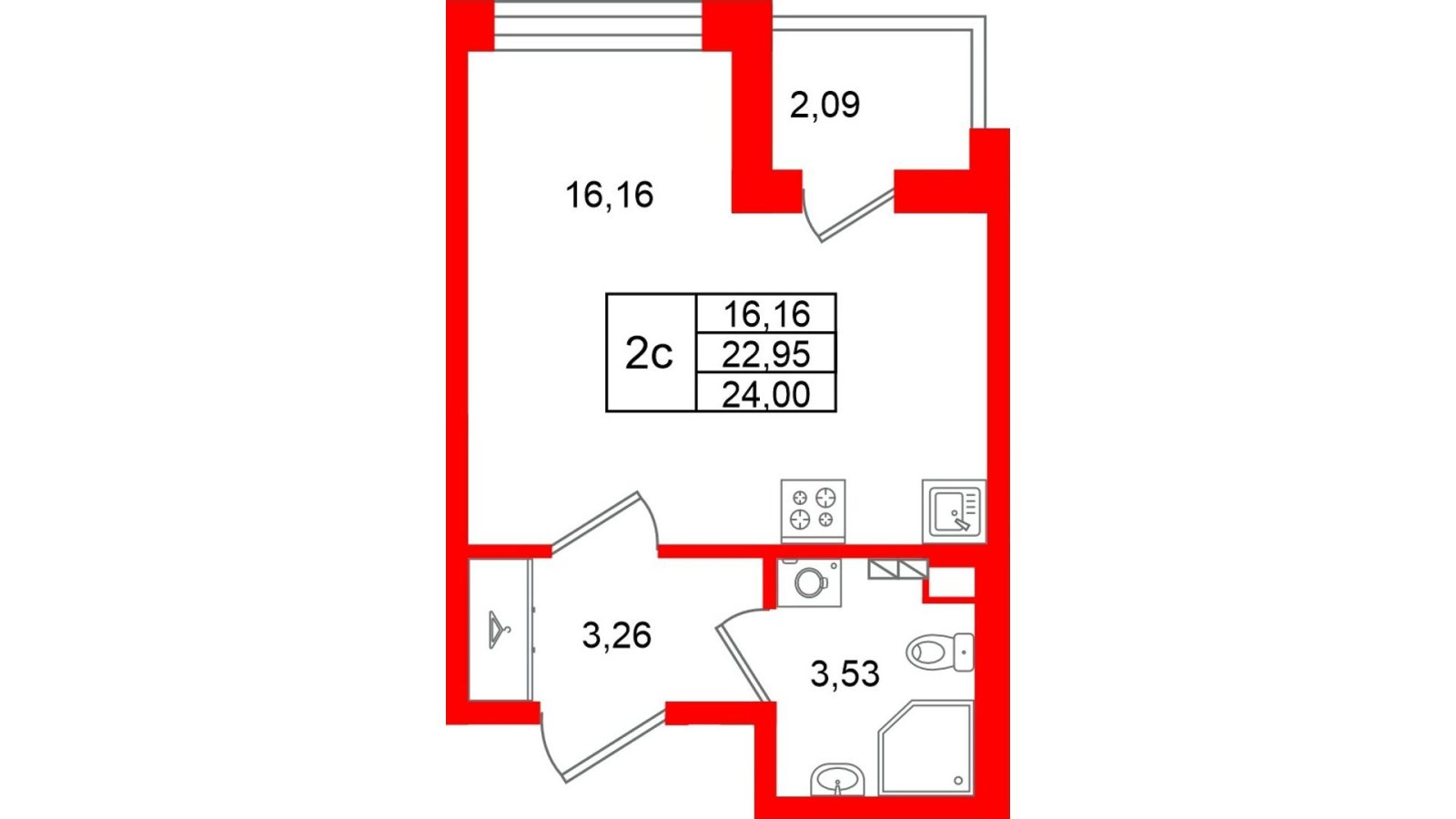 Планировка: студия, 23,0 м²
