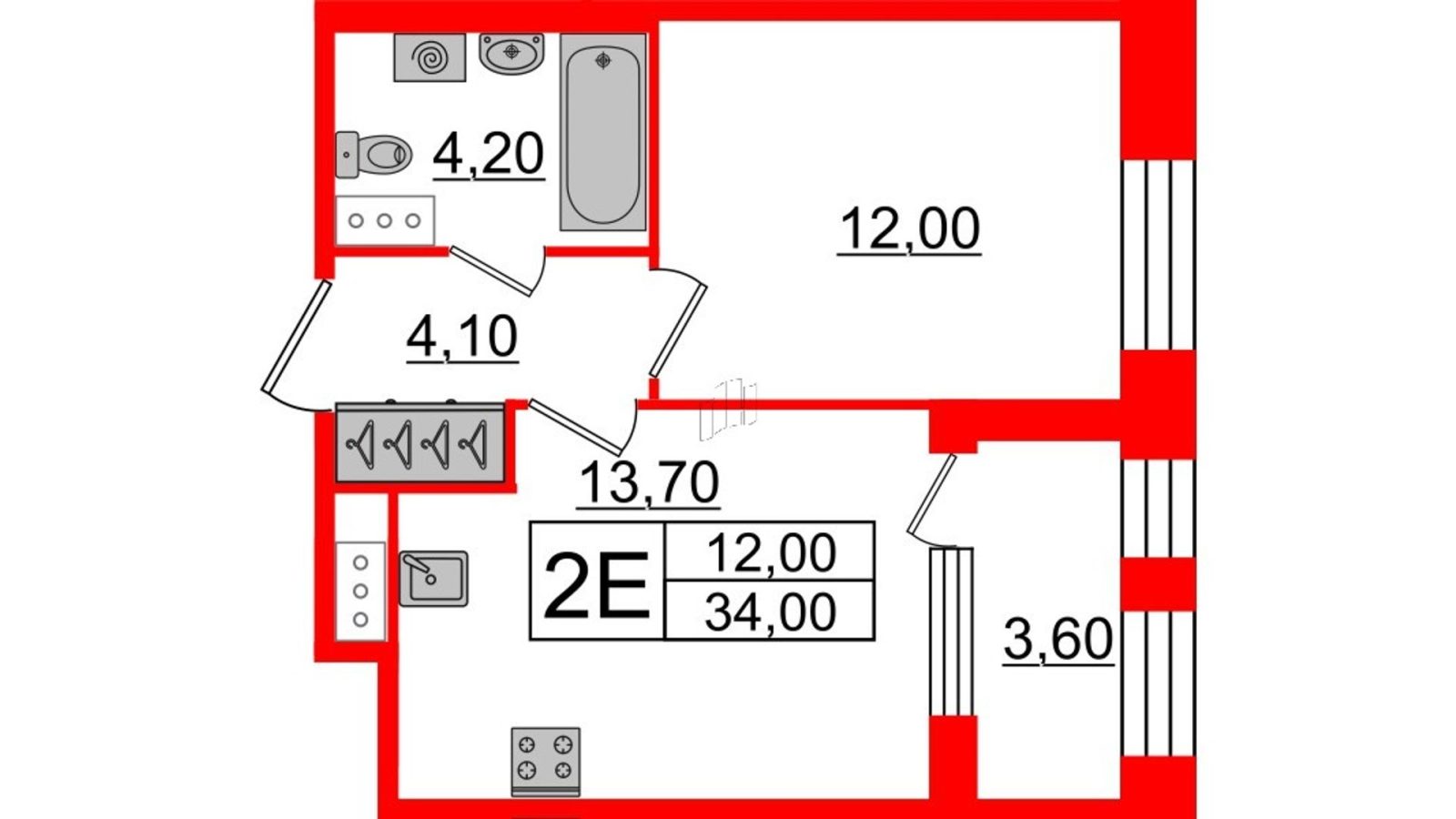 Планировка: 1-комнатная квартира, 34,0 м²