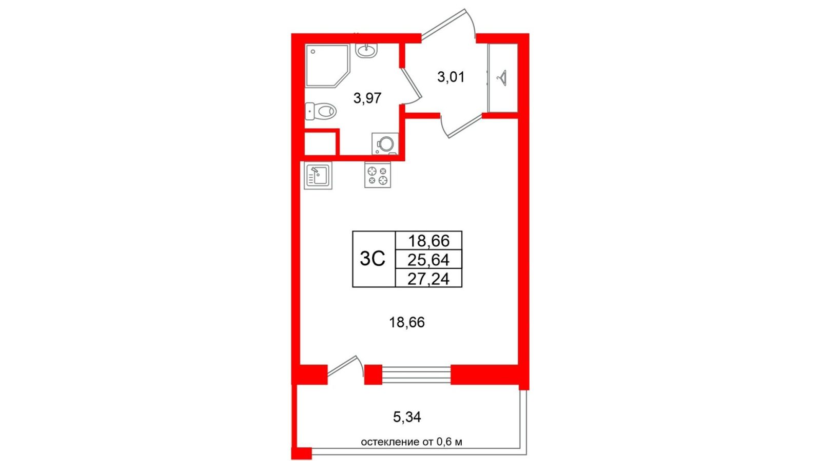 Планировка: студия, 25,6 м²