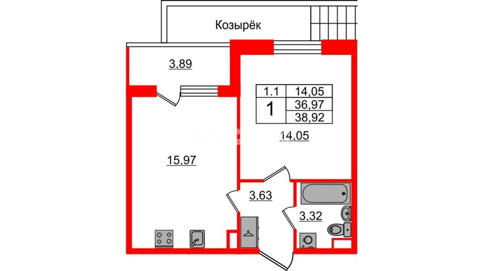 Планировка: 1-комнатная квартира, 36,4 м²
