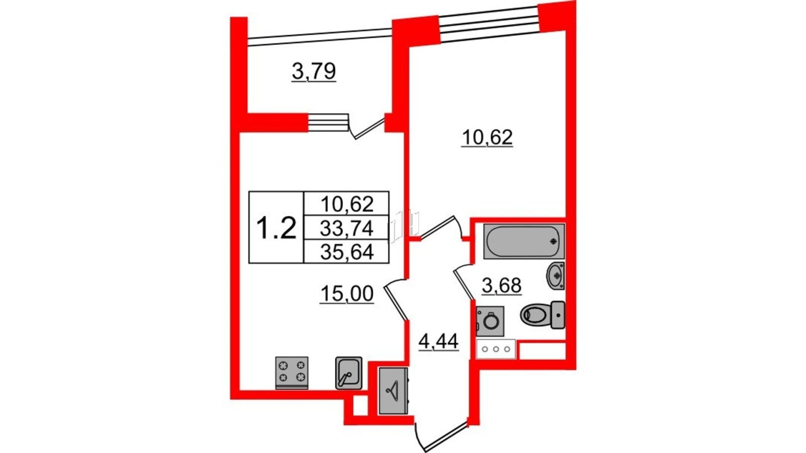 Планировка: 1-комнатная квартира, 33,7 м²