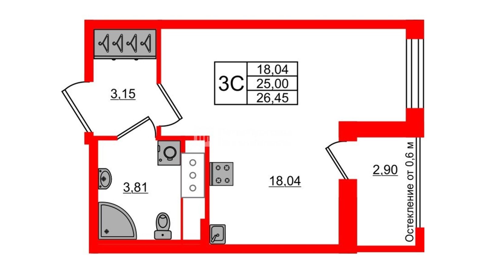 Планировка: студия, 25,0 м²
