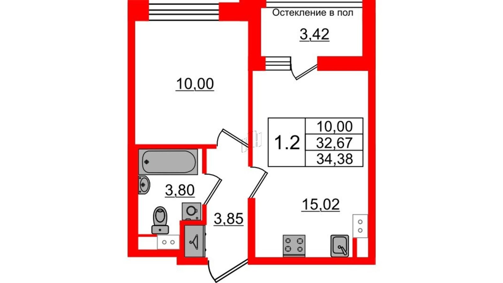 Планировка: 1-комнатная квартира, 32,7 м²