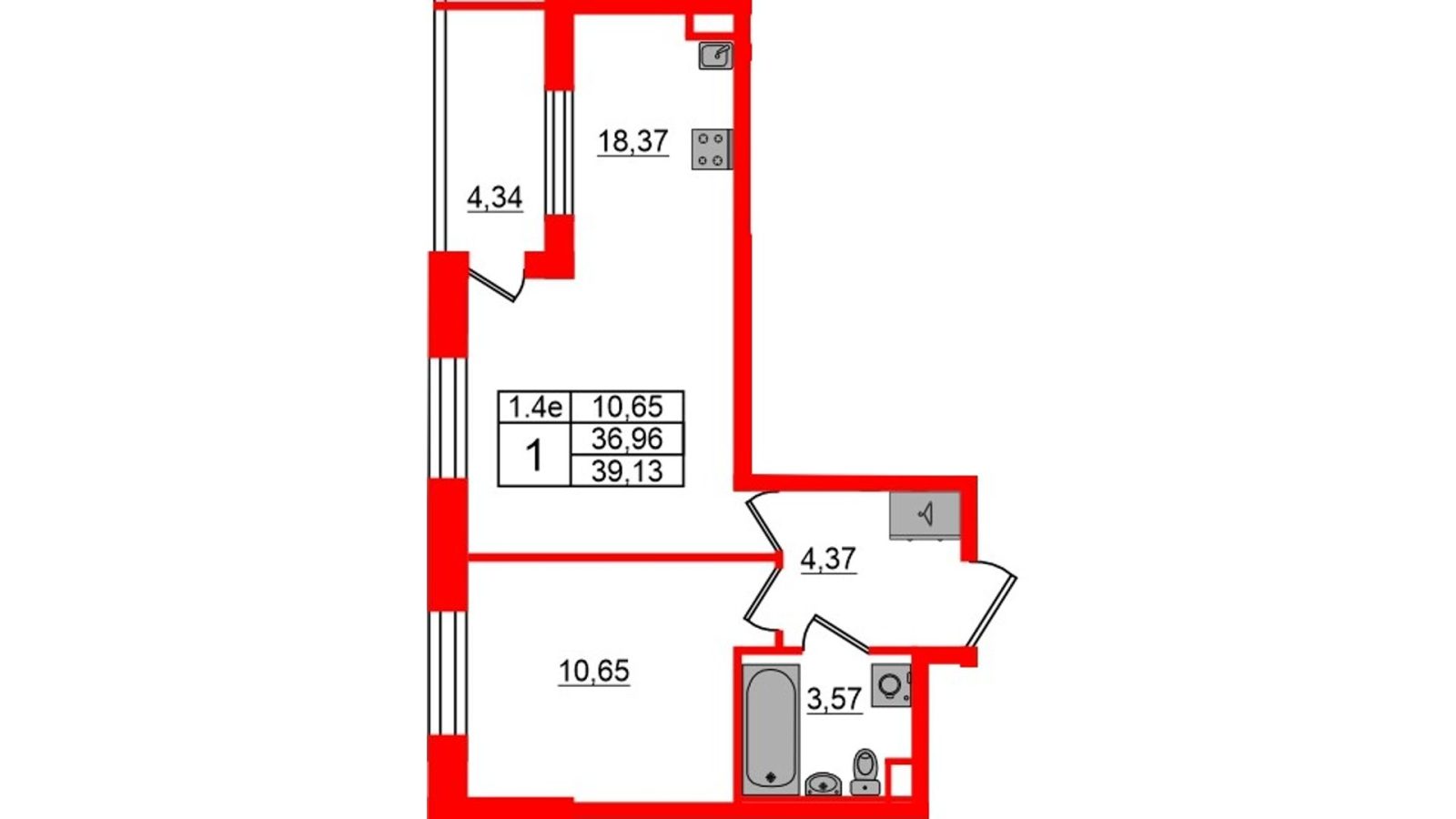 Планировка: 1-комнатная квартира, 37,0 м²