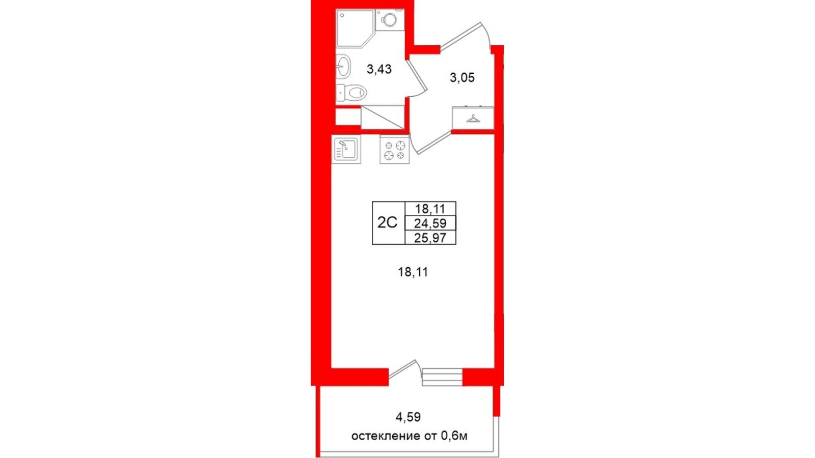 Планировка: студия, 24,6 м²