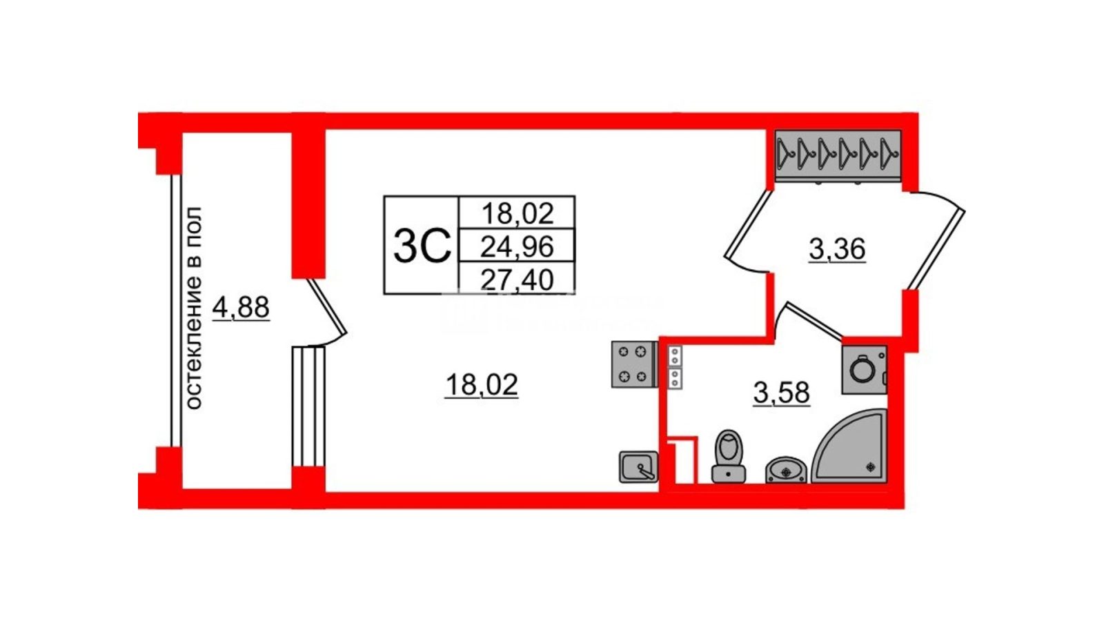 Планировка: студия, 25,0 м²