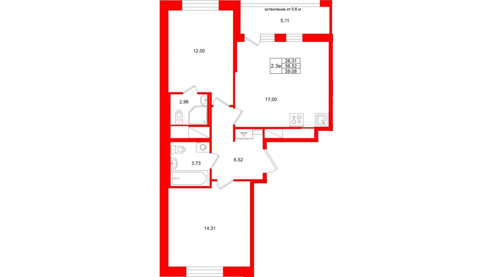 Планировка: 2-комнатная квартира, 56,5 м²