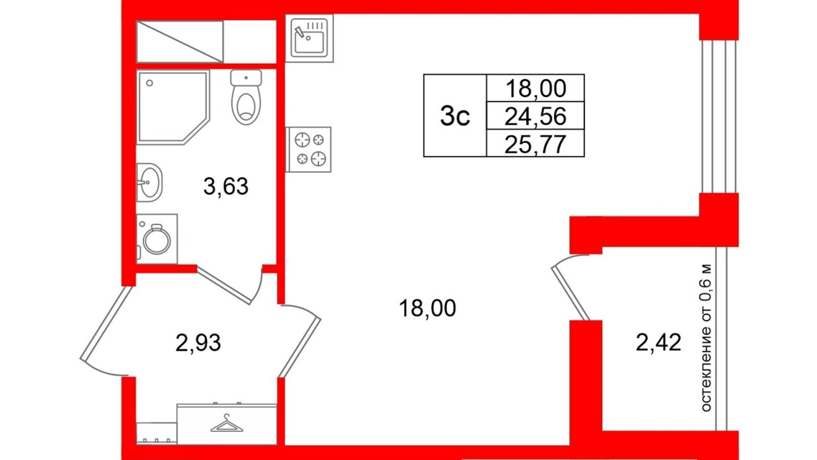Планировка: студия, 24,6 м²