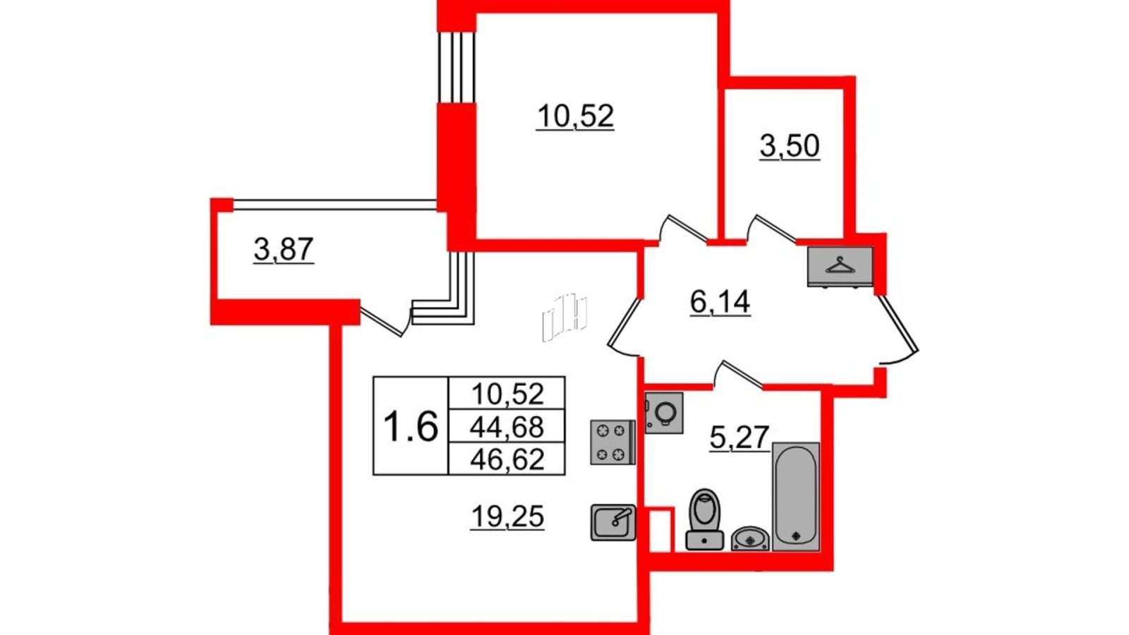Планировка: 1-комнатная квартира, 44,7 м²