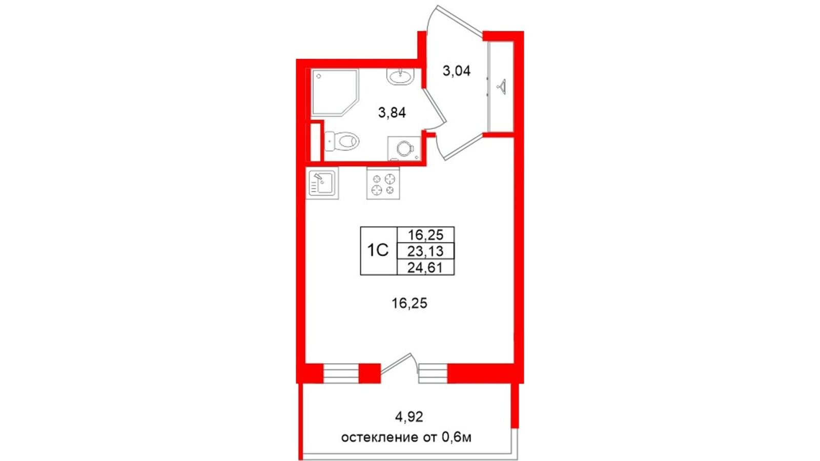 Планировка: студия, 23,1 м²