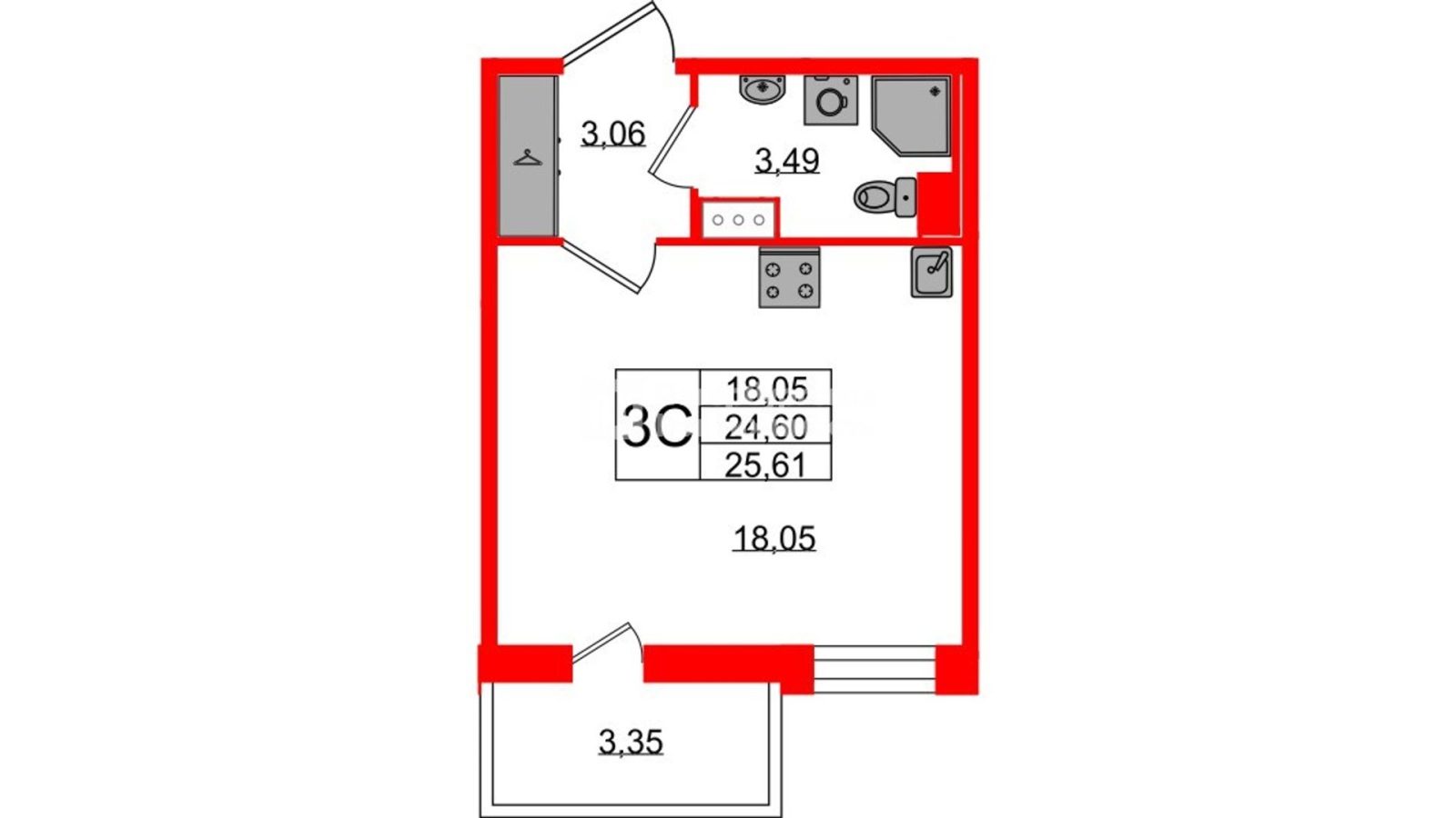 Планировка: студия, 24,6 м²