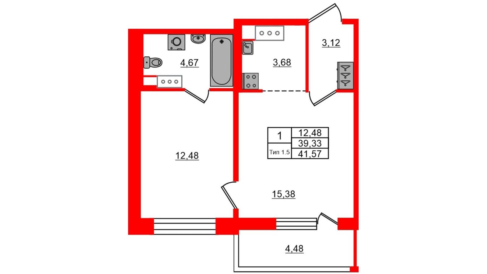 Планировка: 1-комнатная квартира, 39,3 м²
