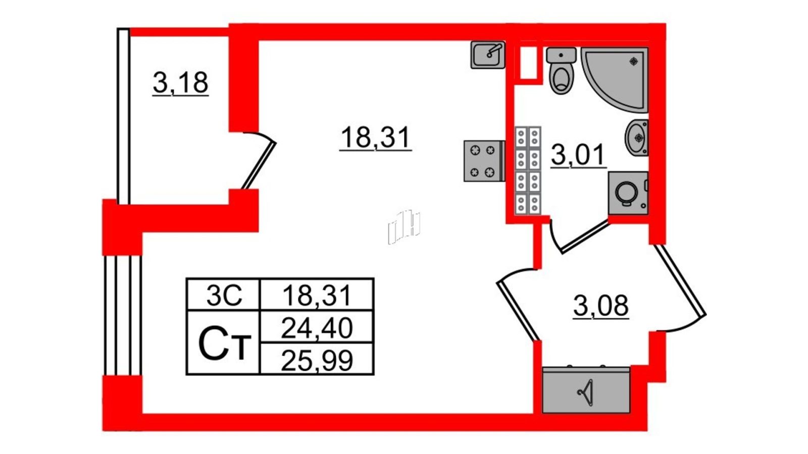Планировка: студия, 24,4 м²