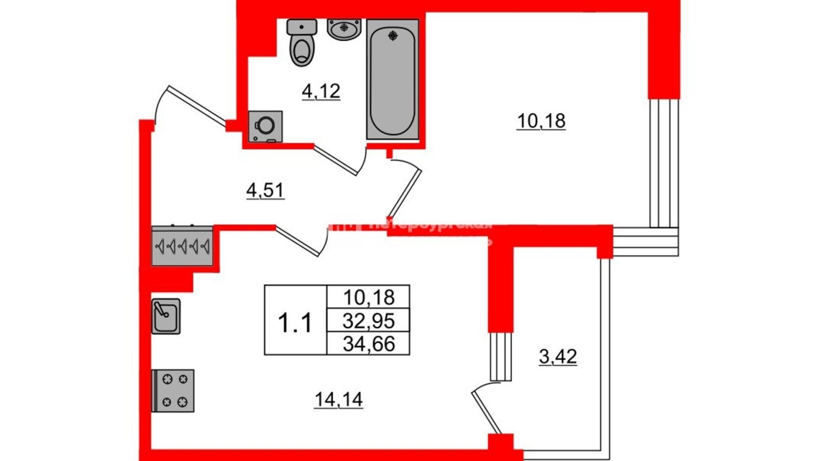 Планировка: 1-комнатная квартира, 33,0 м²