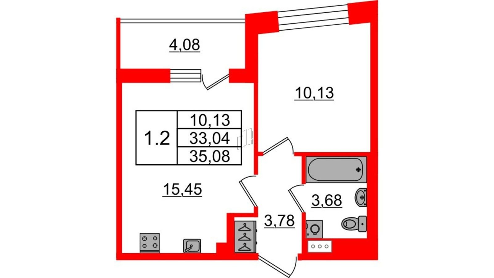 Планировка: 1-комнатная квартира, 33,0 м²