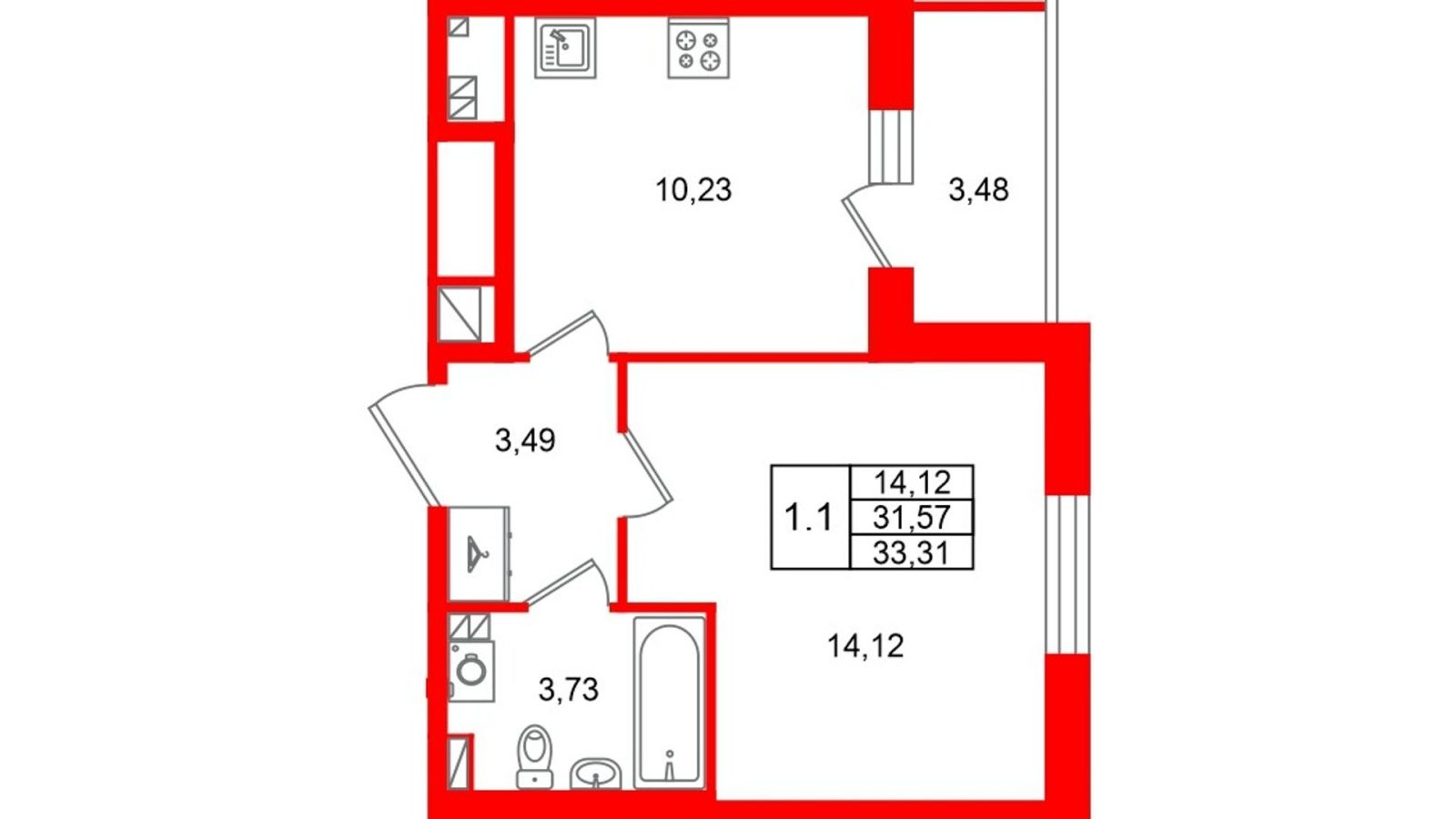 Планировка: 1-комнатная квартира, 31,6 м²