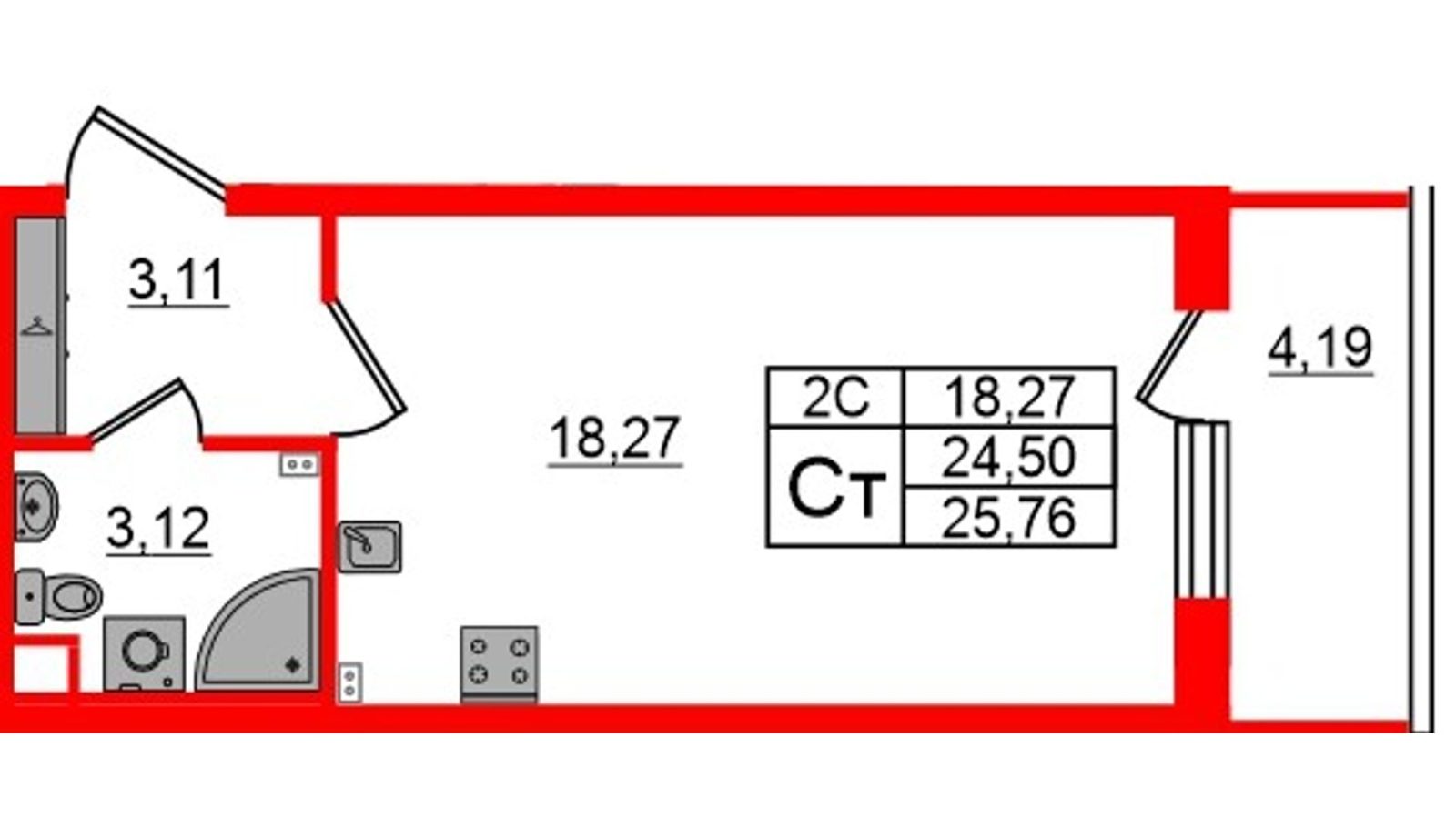 Планировка: студия, 24,5 м²