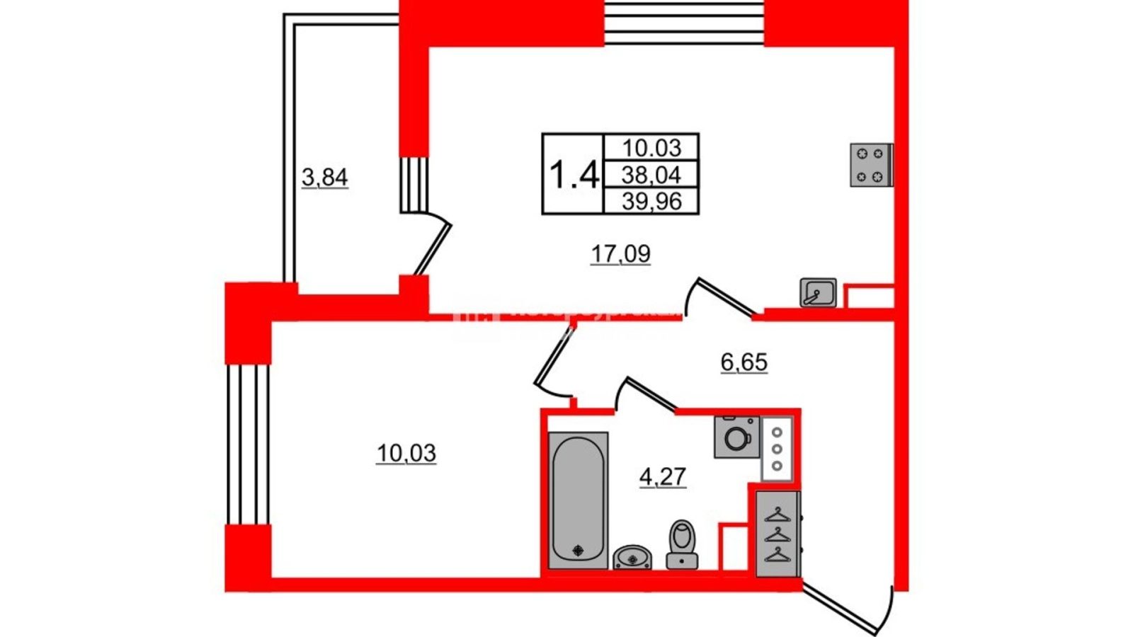 Планировка: 1-комнатная квартира, 38,0 м²