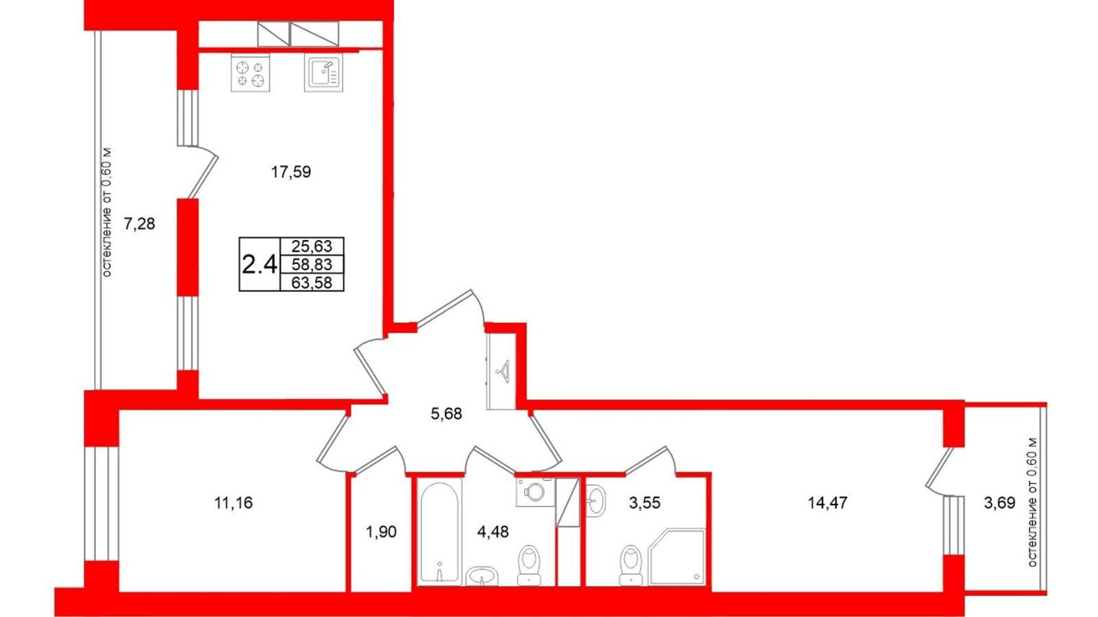 Планировка: 2-комнатная квартира, 58,8 м²