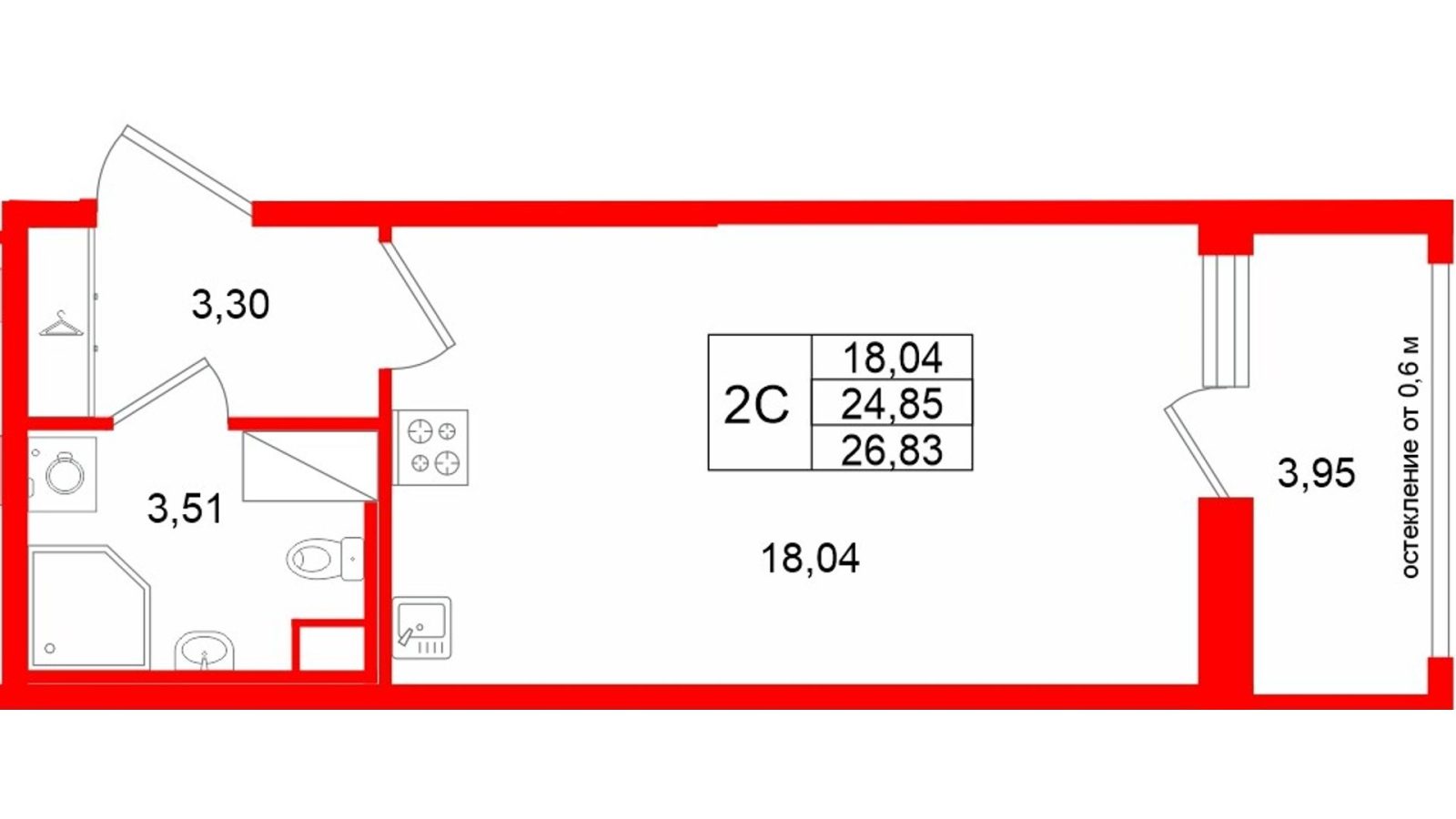 Планировка: студия, 24,9 м²