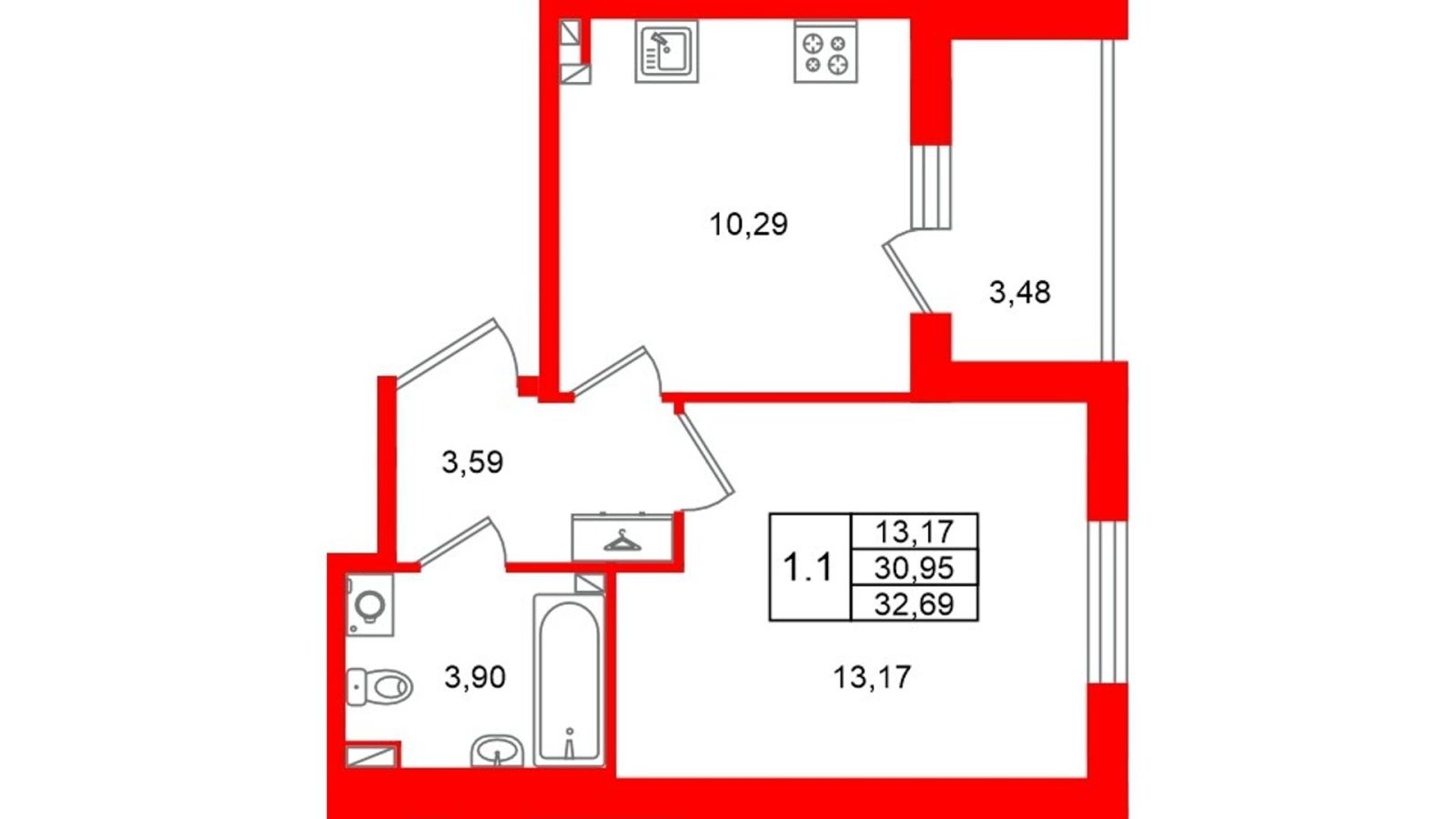 Планировка: 1-комнатная квартира, 31,0 м²