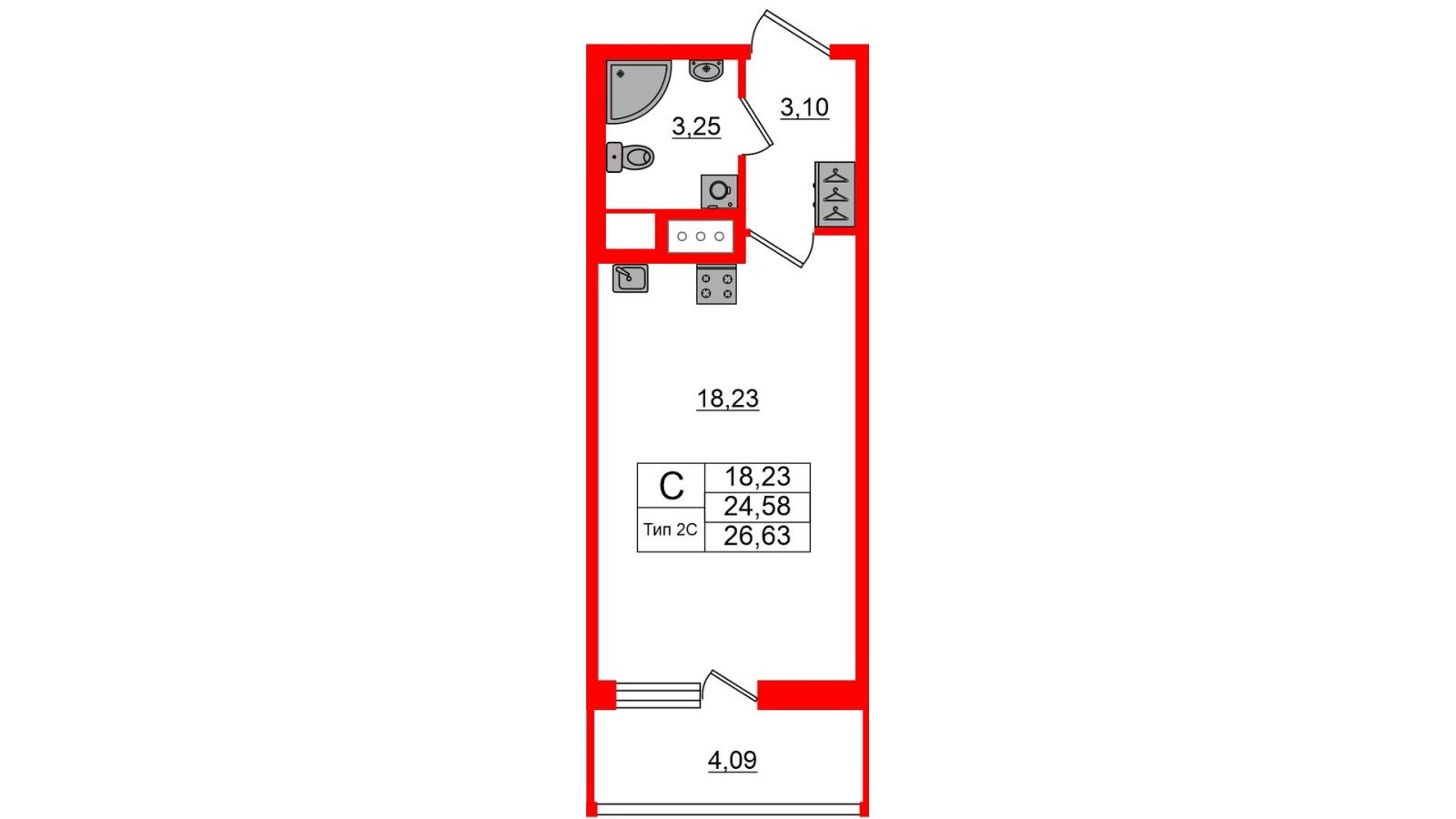 Планировка: студия, 24,6 м²