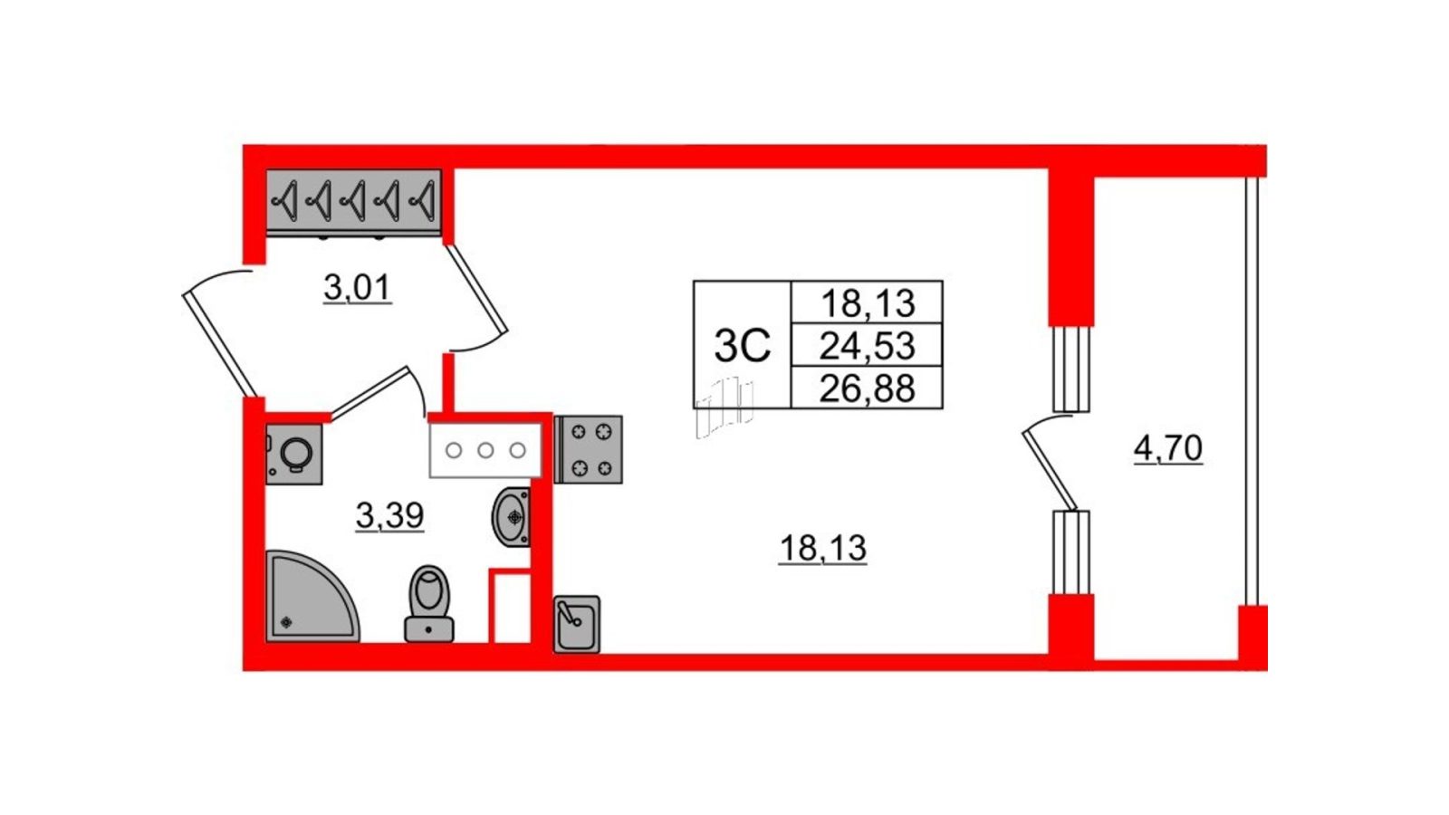 Планировка: студия, 24,5 м²