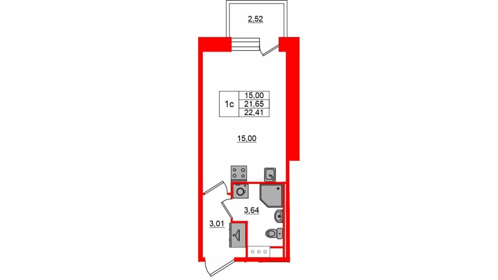 Планировка: студия, 21,7 м²