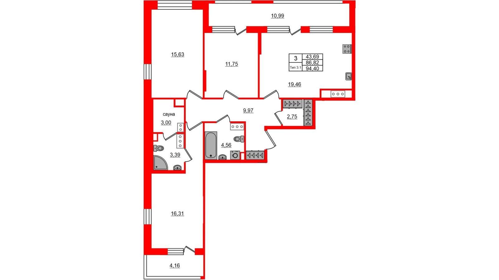 Планировка: 3-комнатная квартира, 86,8 м²