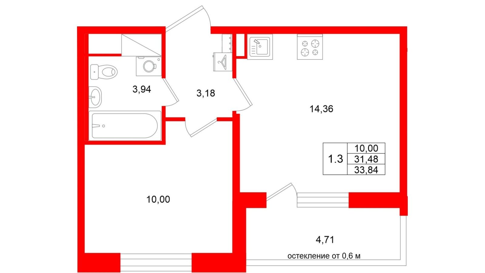 Планировка: 1-комнатная квартира, 31,5 м²