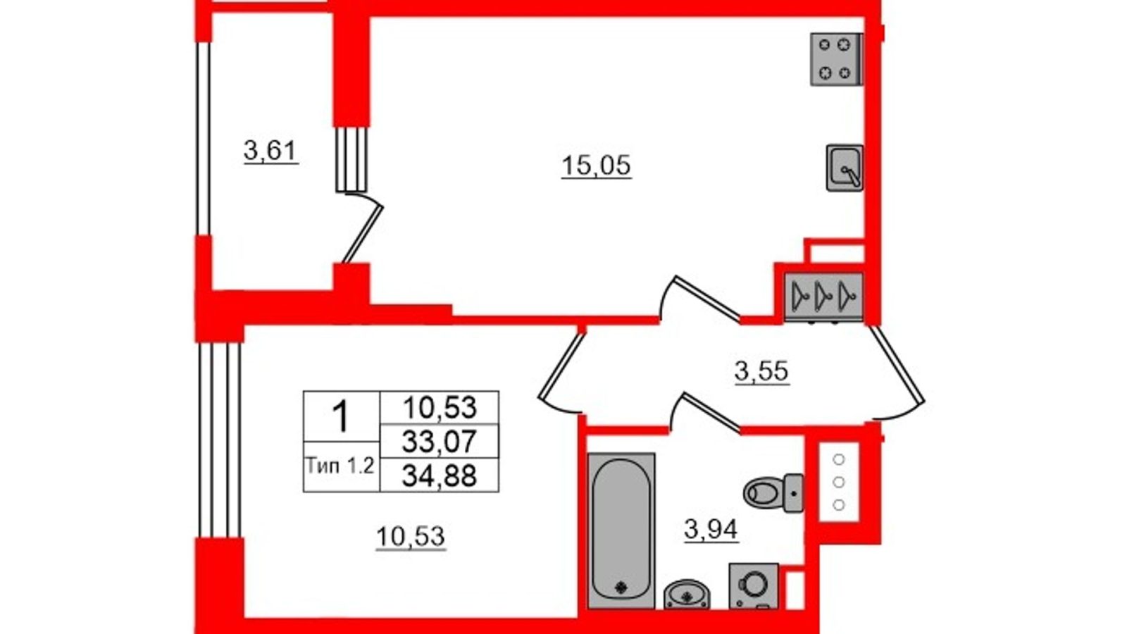 Планировка: 1-комнатная квартира, 33,1 м²