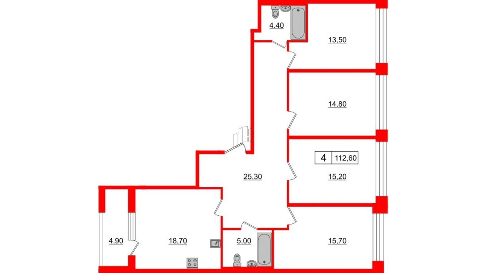 Планировка: 4-комнатная квартира, 112,6 м²